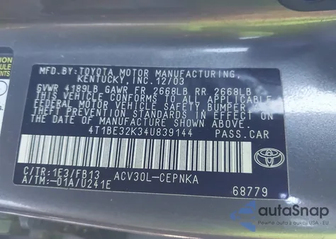 2004 Toyota Camry Le z USA, uszkodzony, nr VIN 4T1BE32K34U839144